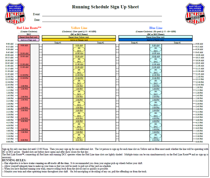 Running Schedule - 60 Minute Blocks